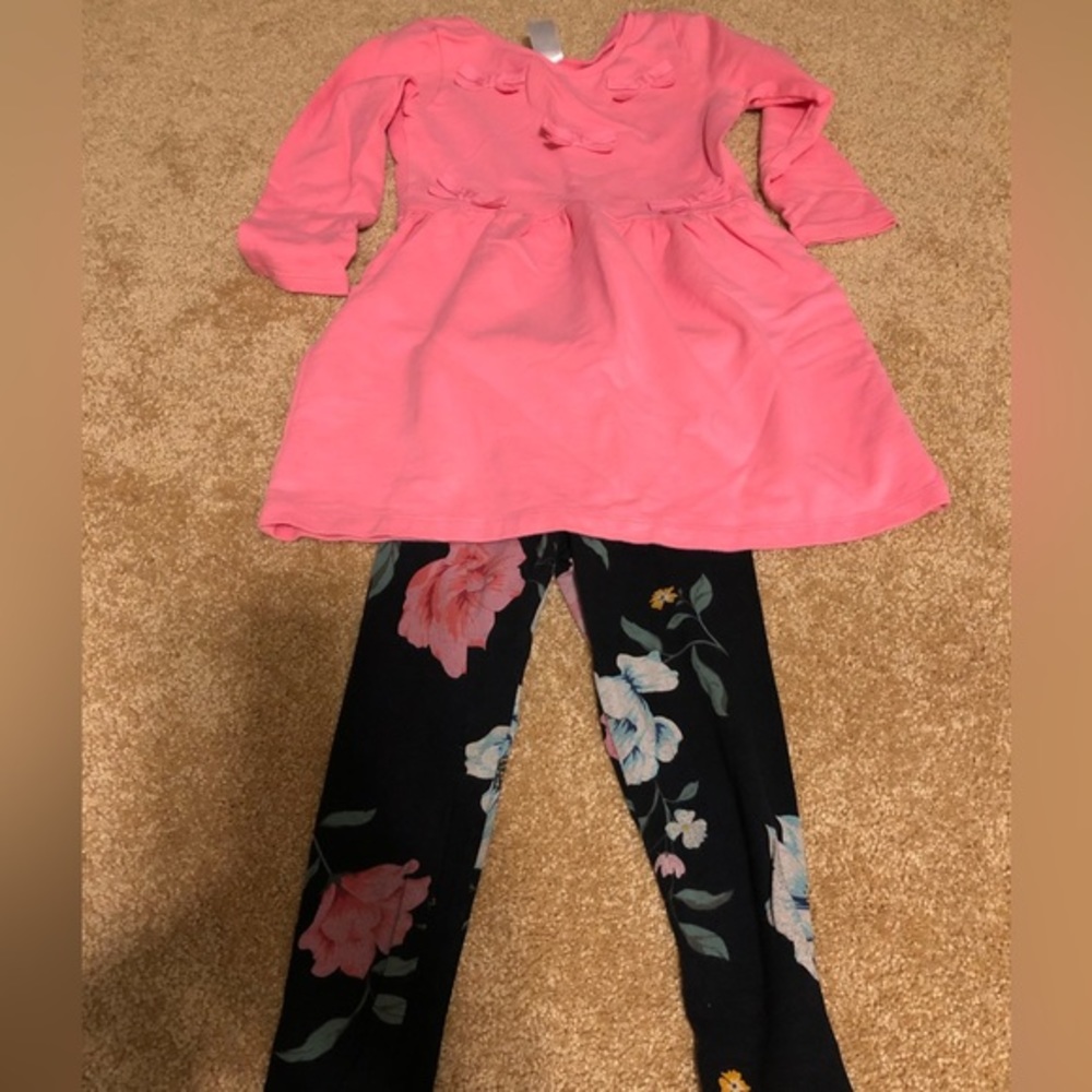 Carters top/dress long sleeve with bows and old navy floral leggings size 5